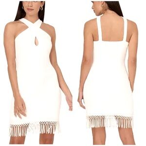 Adrianna Papell White Sleeveless Halter Neck Fringe Trim Dress Bodycon Size US 8